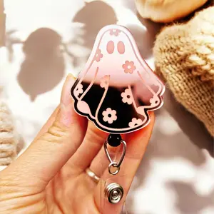 Retro Ghost Badge Reel with Swivel Clip - Engraved Acrylic Topper - Retractable Badge Holder - Halloween Badge for Healthcare Workers