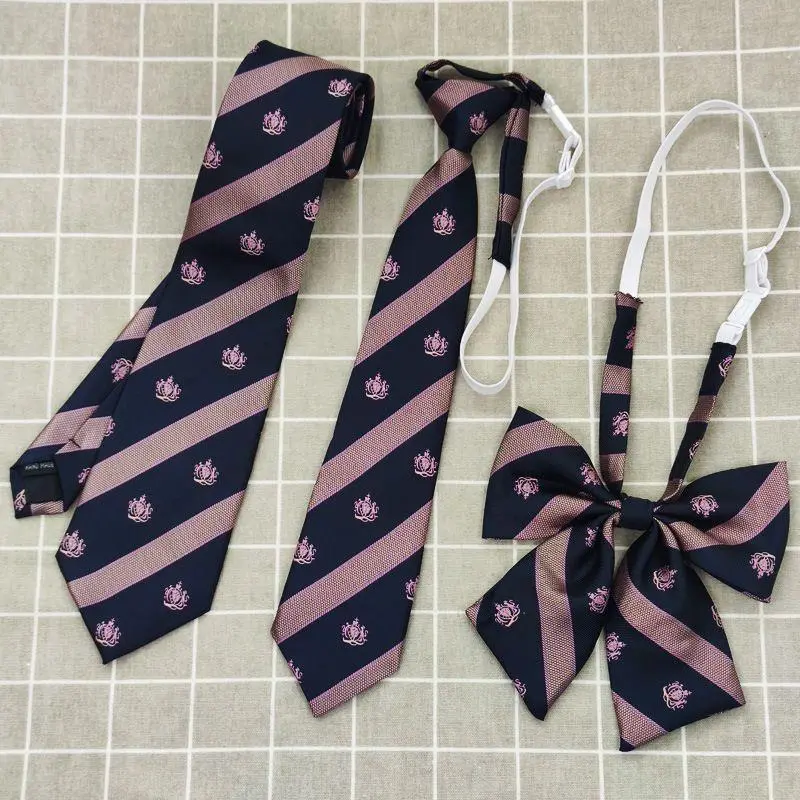Pre-tied JK Uniform Bow Tie & Necktie Set with Pink Striped Crest, Japanese School Girl Fashion Accessory