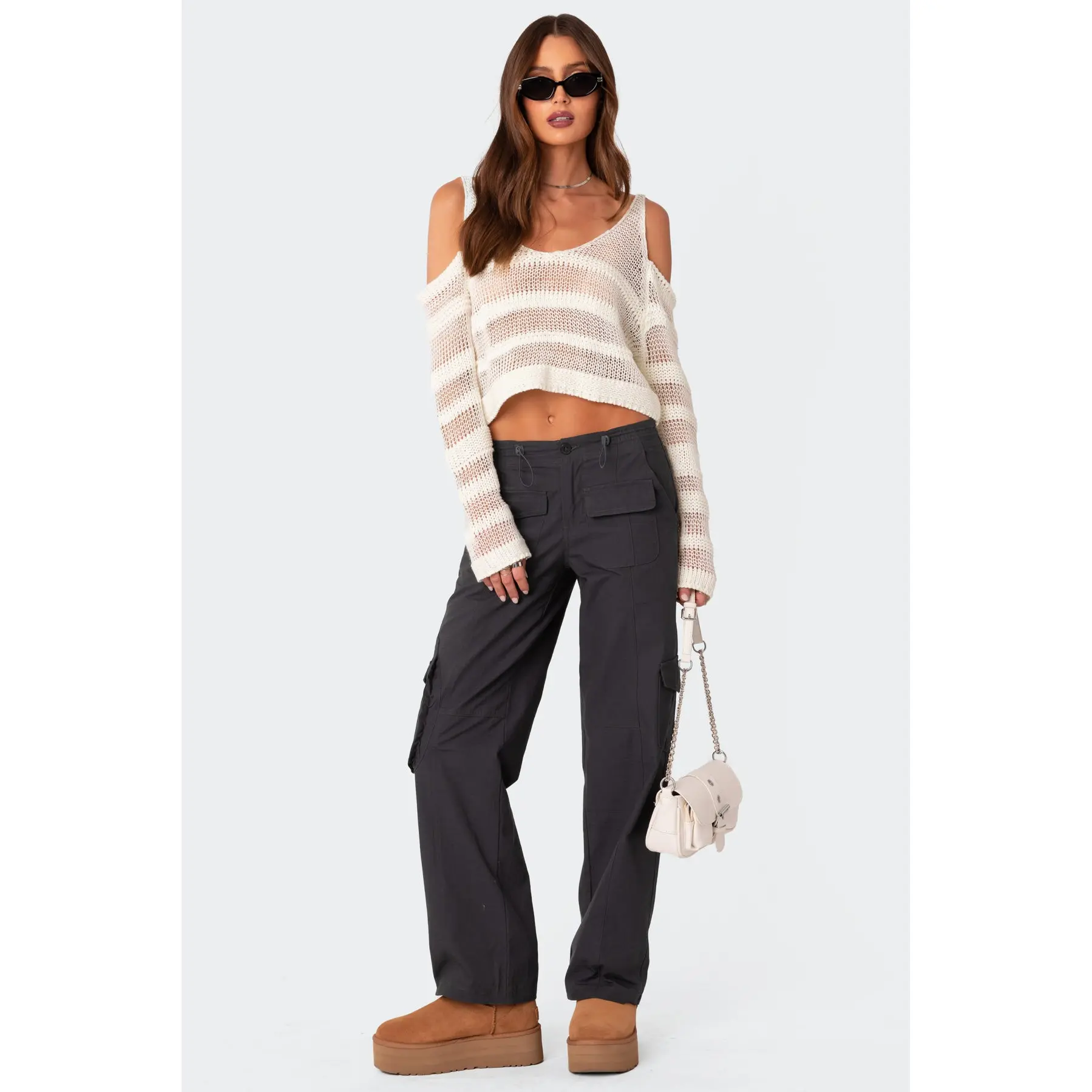 Textured Knit Open Shoulder Sweater