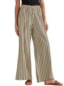 INSPIRE CHIC Women's Casual Drawstring Stripe Pants Wide Leg High Waist Cotton Loose Pants Camel