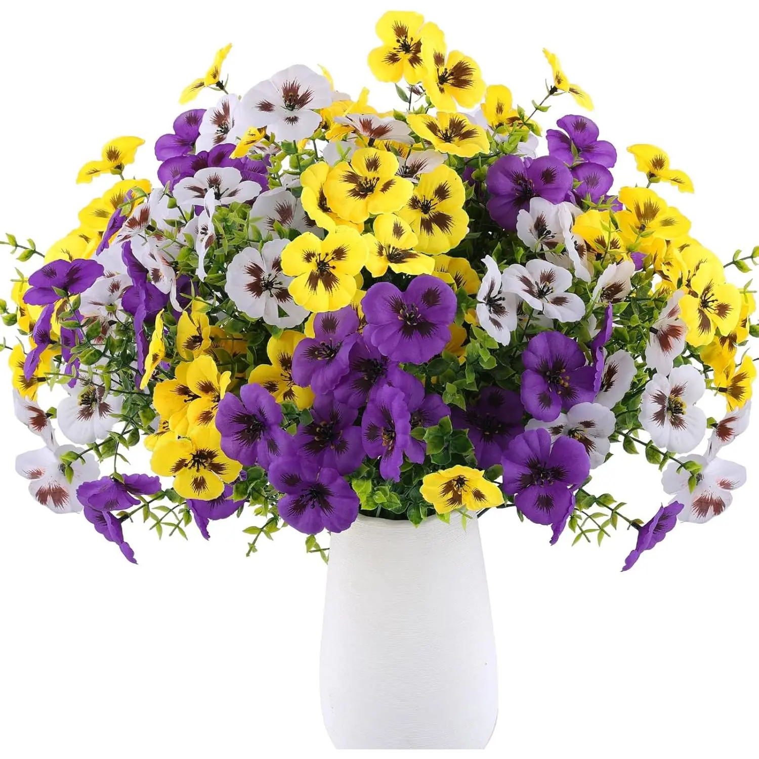 18 Bundles Artificial Fake Pansy Flowers for Outdoor, Faux UV Resistant Silk Pansies Flowers for Outside Planter Front Door Porch Yard Patio Window Box Home Decor (18, Purple, Yellow, White)
