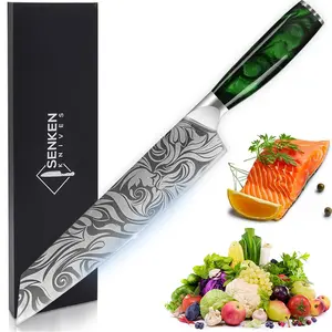 9inch Japanese Chef Knife With Emerald Green Resin Handles - Engraved Japanese Chef Knife For Home Kitchen & Professionals, Razor Sharp High Carbon Stainless Steel Blades