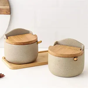 Japanese Ceramic Spice Jar with Bamboo Lid & Spoon — Kitchen Sugar, Salt & Seasoning Container