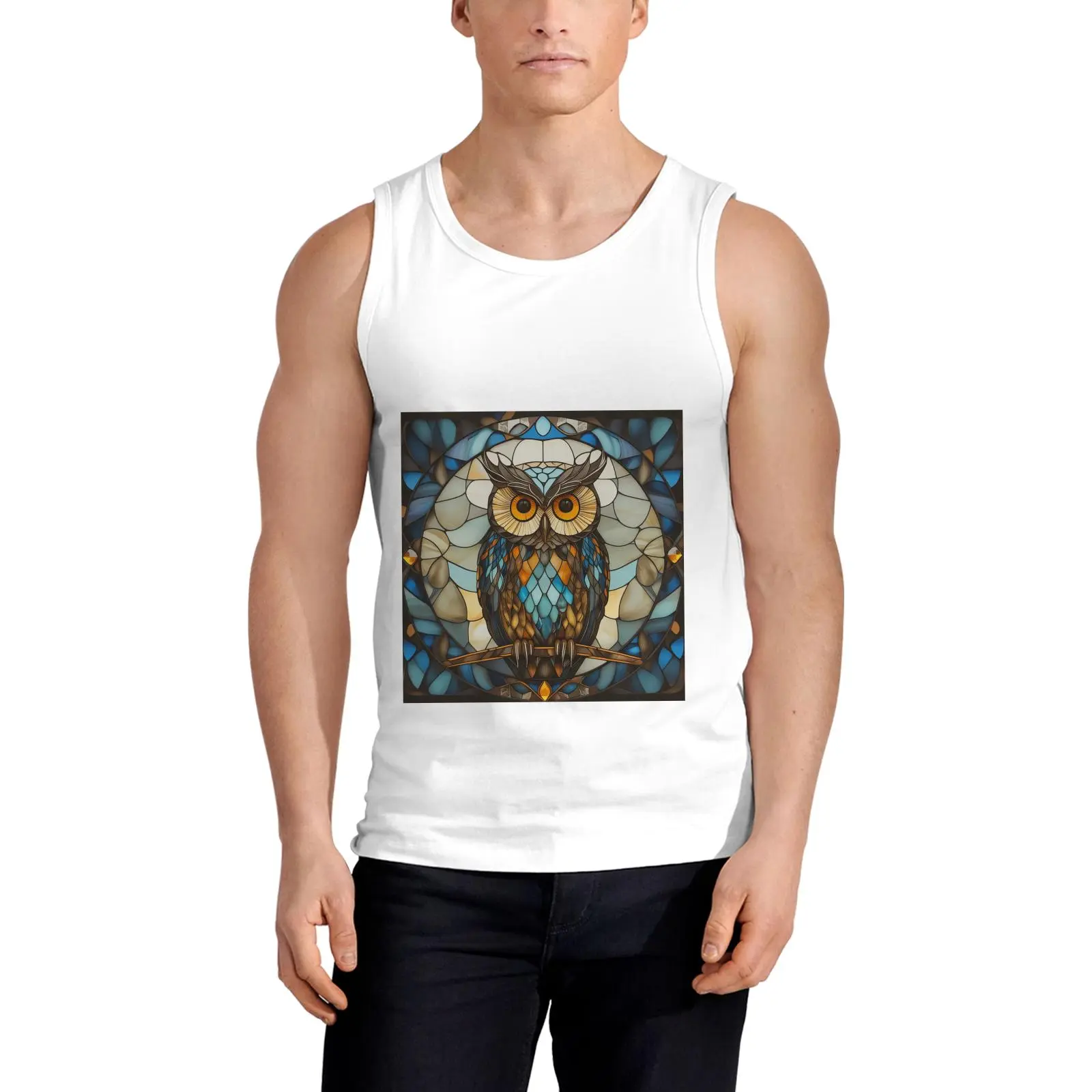 Casual white tank top with 1 colorful stained  print, daily wear.