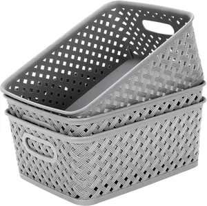 MaxGear Organization and Storage 3 Packs, Plastic Bins Organizer Bins, Woven Baskets for Storage, Plastic Baskets with Handles, Grey Basket for Organizing, Basket Organizer for Home and Office, Medium