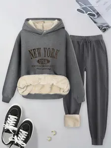 【Plus Size】Women's Usa Letter Print Hoodie Pants Set, Fall Winter Plush Lamb Fleece, Plus Size Casual Daily Wear, Comfortable & Warm