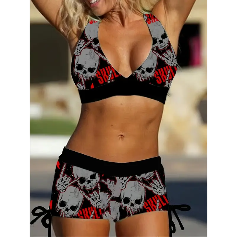 Music Festival New Women's Fashion Bikini Set Punk Style Skull Print Two-piece Swimsuit Drawstring Square Leg Swimsuit spring outfits