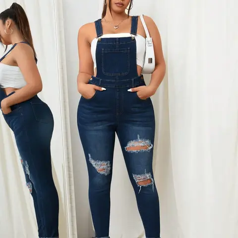 Women's Bohemian Ripped Denim Strap Jumpsuit, Slim Dark-Wash Overall for Everyday Casual Daily Wear