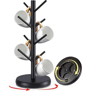 Upgraded 360 °   Rotating Bamboo Mug Holder Tree - 8 Hooks Coffee Cup Rack, Sturdy No-Tool Assembly Counter Organizer for Mugs Jewelry & Accessories, Eco-Friendly Black Wood Stand