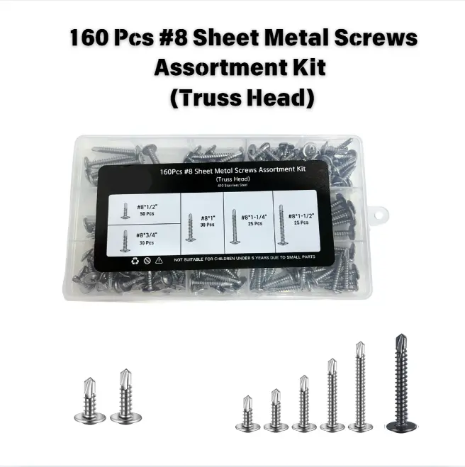 160-Piece Assorted #8 Self-Tapping Screws – Premium 410 Stainless Steel Truss Head, Includes Sizes 1/2" to 1-1/2", Ideal for Metal, Wood, DIY, and Professional Use