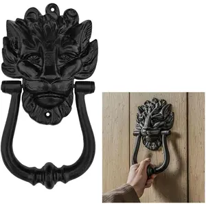 Vintage Rustic Colonial Medieval Cast Iron Lion Head Door Knocker, 1 Pc 8 in × 4.5 in (20.3 cm × 11.4 cm) Decorative Front Entry Door Hardware