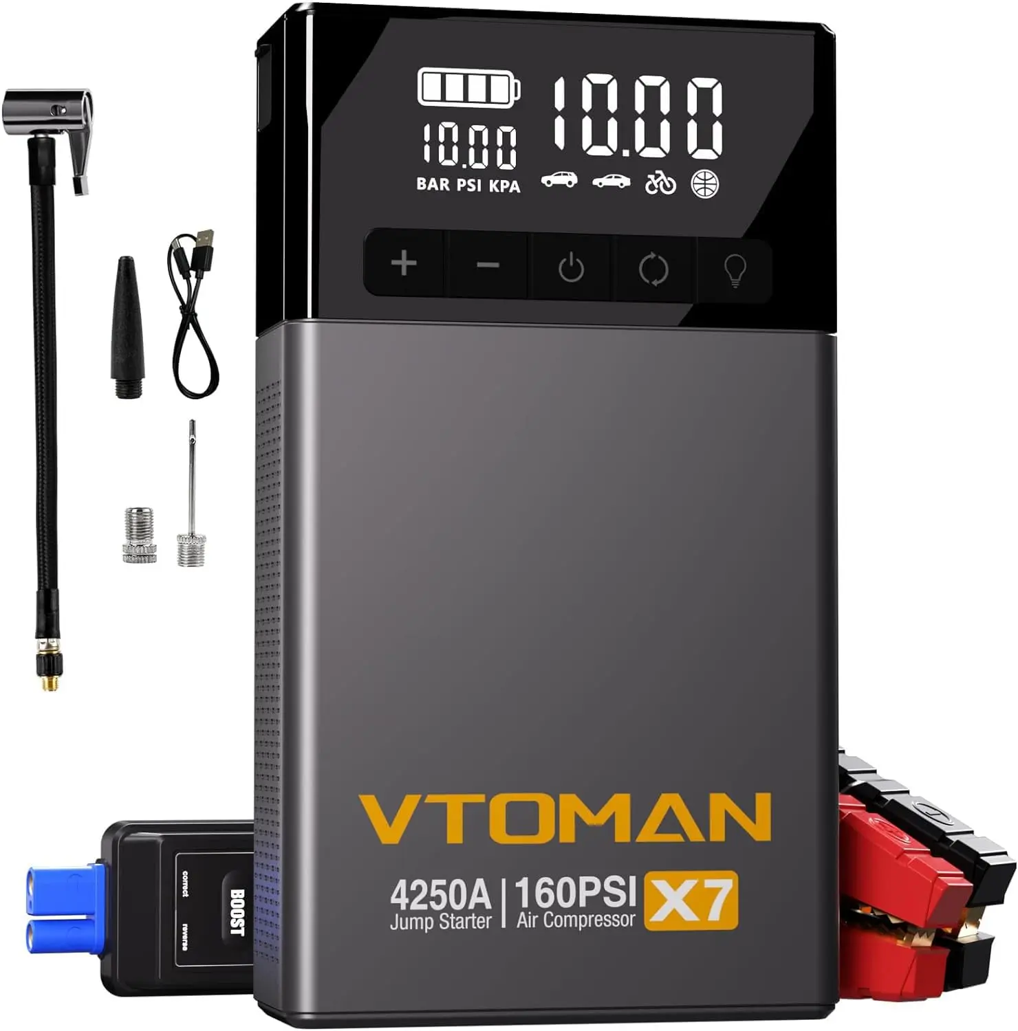 VTOMAN X7 5-in-1 Portable Car Jump Starter 160PSI Digital Tire Inflator 4250A 12V Lithium Battery Charger Booster Box LCD Screen power bank for Truck Vehicle Use