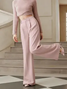 A fashionable and gentle pink wide leg pants for women, with a high waisted and drooping straight leg suit pants. Small in stature, it looks tall and slim, and is a floor length casual pants suitable for all seasons, suitable for home, indoor, and outdoor