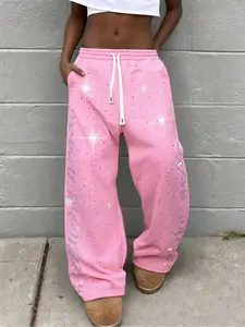 Street Style Unisex Straight Leg Fitted Pants, Rhinestone English Text, Y2K Streetwear, Casual Fashion for Men and Women
