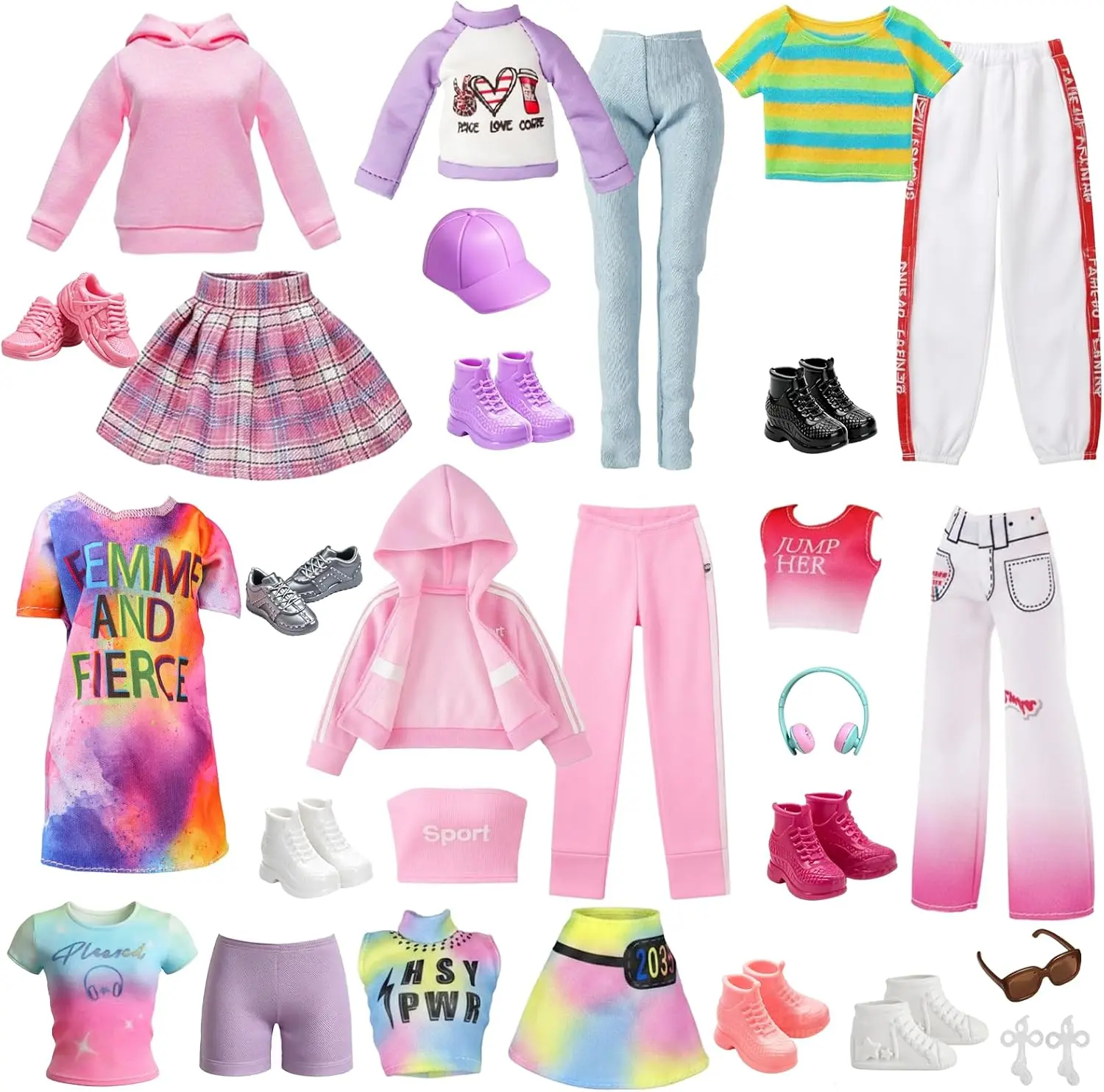20 Pcs Doll Clothes and Accessories for 11.5 Inch Girl Dolls, 8 Sets Fashion Doll Outfits with Dresses, Skirts, Hoodies, Sneakers, Hats & Headsets, Casual Doll Clothing Accessories for Kids