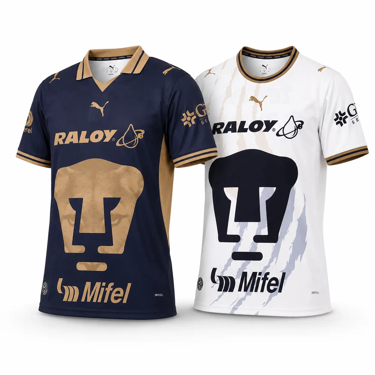 FULL LOGO Pumas UNAM 2026/27 Home and Away Jersey, Liga MX Navy Blue Gold White Football Shirt, Unisex Short Sleeve Soccer Fan Top and Stadium Outfit