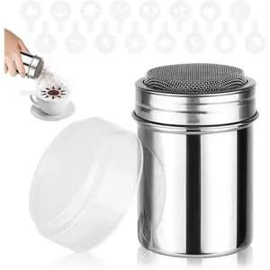 Powdered Sugar Shaker Duster,Cinnamon Shaker Flour Sifter,7oz 304 Stainless Steel Fine Mesh Shakers With Lid,16 Pieces Coffee Stencils Latte Art for Baking Soda Cocoa Cornstarch Cinnamon Coffee Flour