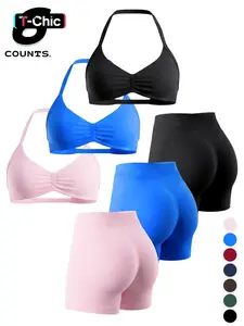 Women's Sports Bra and High-Waisted Shorts Set, Detachable Pads, Butt Lifter, Ideal for Yoga, Fitness, Daily Wear, Yoga Activewear, 6-Piece Suite