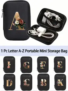 Metal flower alphabet A-Z portable mini storage bag, heart pattern waterproof and drop-resistant number bag, initial letter logo storage bag for phone chargers and data cables, zippered storage box, coin purse, data cable bag, suitable for travel, school,