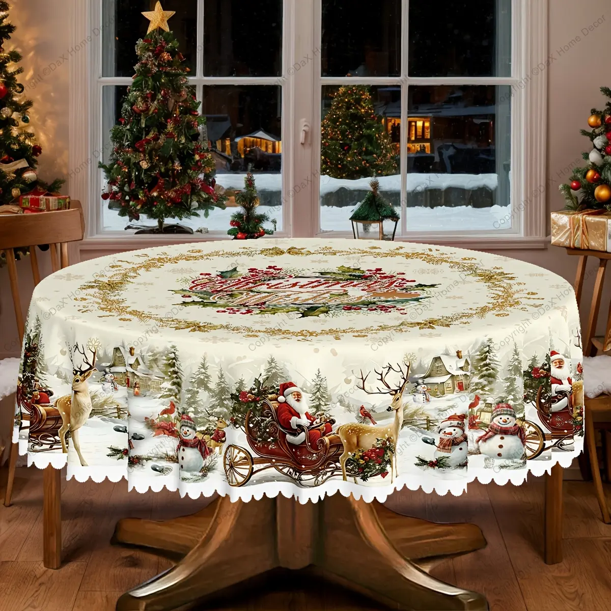 1pc Embossed-Edge Christmas-New Year Theme Tablecloth with Santa, Snowman, Christmas Tree, Reindeer & Winter Snow Wishes Decor, Suitable for Home Kitchens, Restaurants & Outdoor Spaces