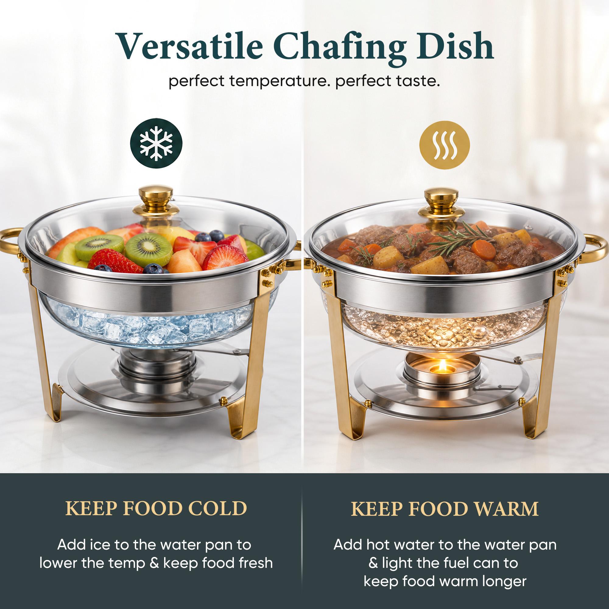 4-Pack Round Chafing Dish Buffet Bakeware Set - Stainless Steel Body with Gold Accents, Glass Lid, Lid Holder; Keeps Food Hot or Cold, Ideal for Catering Events, Family Parties