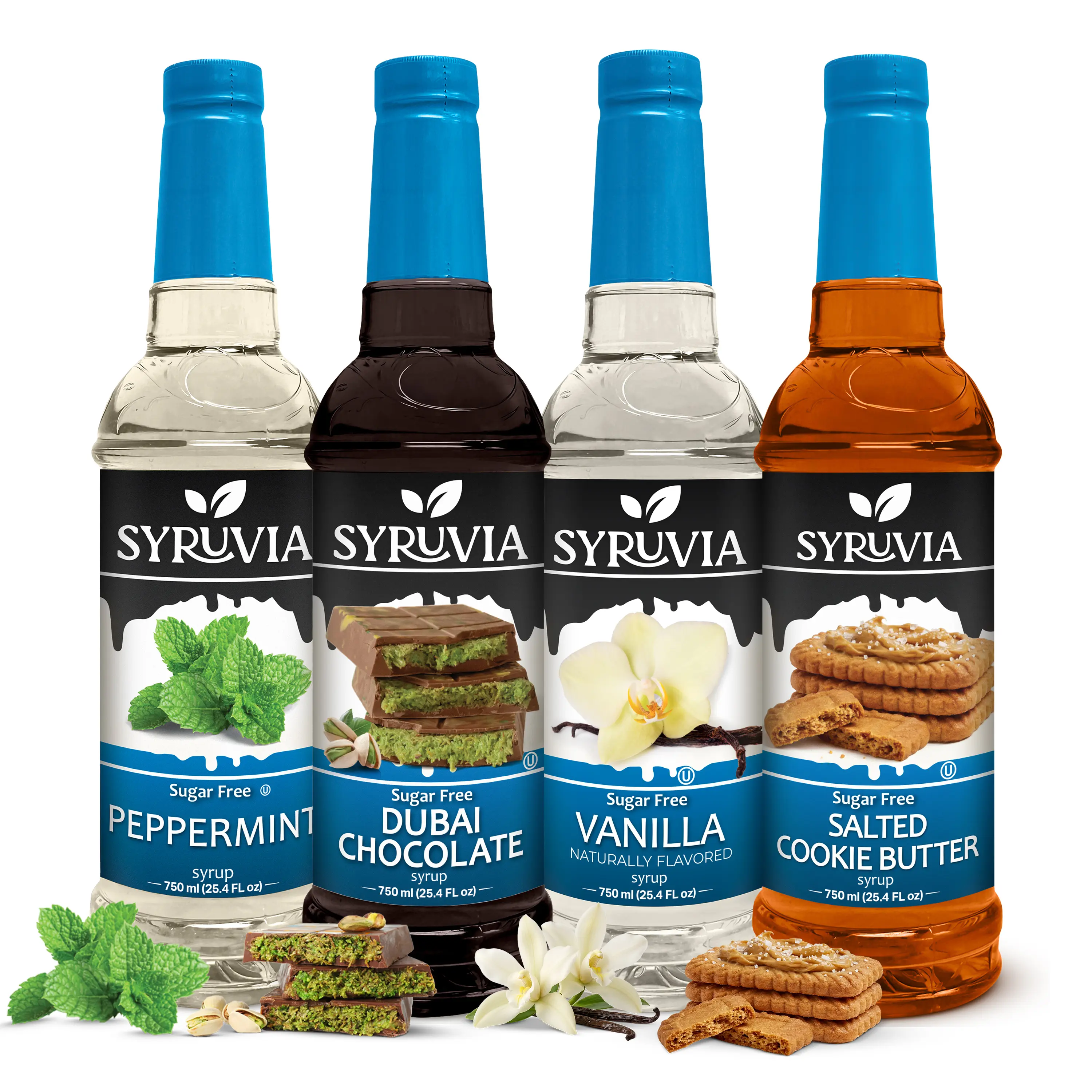 Syruvia Sugar Free Coffee Syrup Variety Pack – Peppermint, Dubai Chocolate, Vanilla & Salted Cookie Butter Flavors – Gluten-Free, Kosher, 25.4 fl oz Bottles – Cafe Style Flavor for Coffee, Lattes & Desserts (4-Pack), Sweet