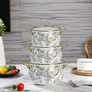 Floral Pattern Stockpot with Lid & Handle, 1 Count Multifunctional Thickened Double Ear Stockpot, Kitchen Cookware for Home Dining, Holiday Party Pot