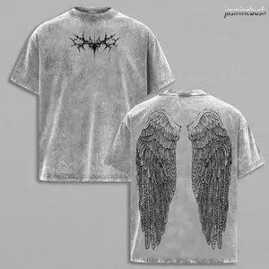 Y2K Gothic Wing Hoodie – Dark Oversized Vintage Hoodie | Washed Wing Graphic T-Shirt for Grunge Streetwear & Anime-Inspired Fashion J4P