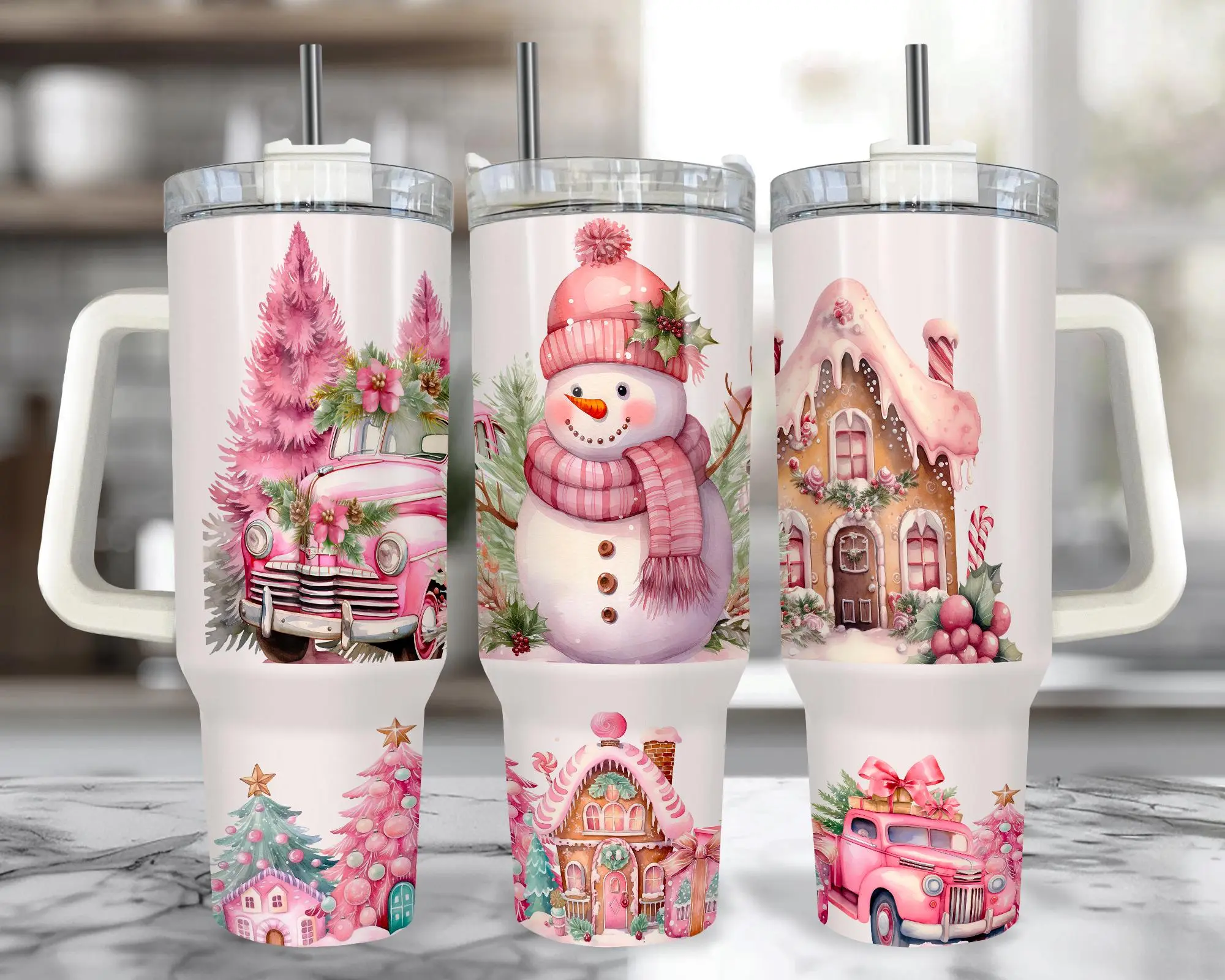 Pink Snowman 40 oz Tumbler With Handle | Snowman Christmas Cup With Straw | Cute Snowman Gifts | Winter Snowman Coffee Tumbler