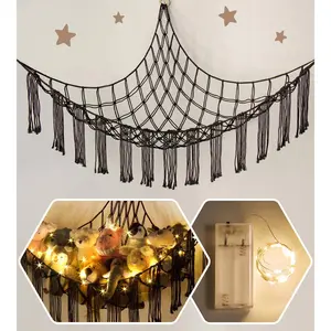 Macrame Stuffed  Hammock Corner with LED Light - Black  Storage Hammock Plushie Net Organizer Display - Teddy Bear Stuffy Hammocks - Boy Bedroom Decor Cool