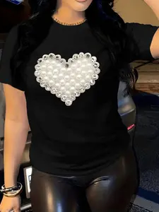 Women's Burgundy style bead print T-shirt - Soft round neck short sleeved top with white bead design, suitable for casual and formal wear all year round, party, wedding, and daily wear, machine washable shirt