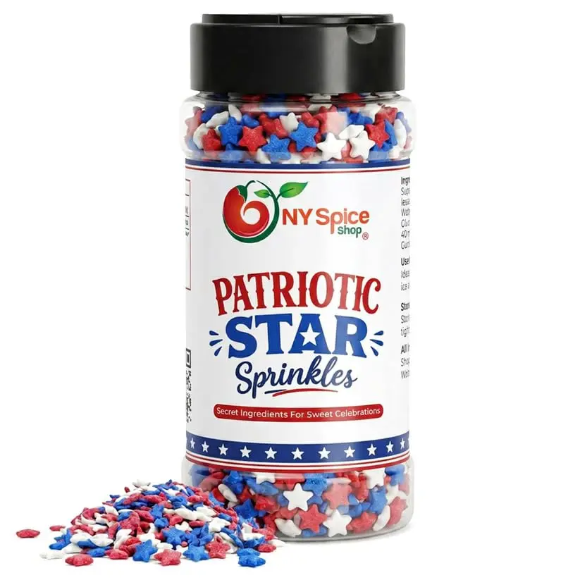 NY Spice Shop 4th Of July Star Sprinkles - 3 Ounce Red White & Blue Patriotic Star Sprinkles - USA Themed Sprinkle For Independence Day Baking Supplies - Fourth Of July Party Supplies For Baking Mix