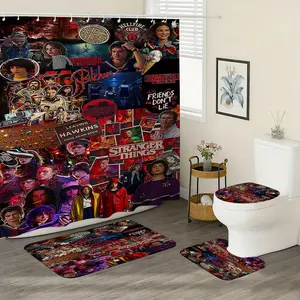 4pcs Stranger Things Themed Shower Curtain Set, Colorful, Includes Character Patches, Anti-Slip Mat, Birthday Gift