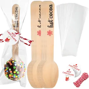 100 Set Christmas Wooden Spoons Hot Cocoa Chocolate Marshmallow Spoon Hot Chocolate Bar Stirring Spoons Hot Chocolate Spoons with Tag Bag Rope for Hot Cocoa Cake Candy Baking(Hot Cocoa)