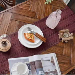 Macrame Table Runner Burgundy Boho Table Runner with Tassels Hand Woven Cotton Table Runner Rustic Farmhouse Table Runner for Bohemian Kitchen Dining Table(12x71in)