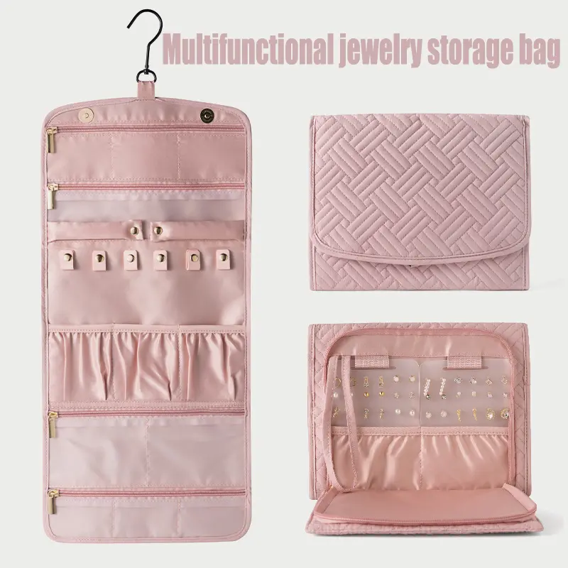 Classic Polyester Square Hanging Jewelry Organizer Bag with Handle - Zippered, Foldable, Waterproof, Multi-Pocket Storage Case for Earrings, Necklaces, Bracelets, Rings (Pink, Travel-Safe)