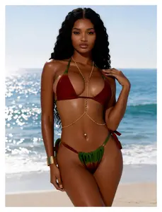 Women's Bikini Set - Red/Green Tie Side Halter Low Back Swimsuit - Solid Color Two Piece Triangle Thong Bathing Suit for Beach & Pool
