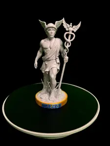 Hermes 3D Printed Statue – Greek Messenger God | Rock Marble Finish w/ Gold Base & Blue Lettering