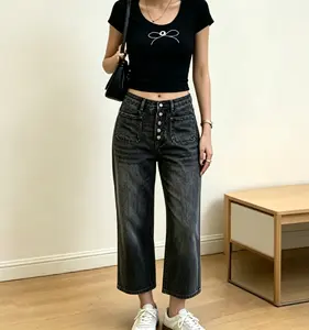 Women's Multi Button Front Fly Cropped Bootcut Jeans, High Waist Faded Stretch Denim Capri with Contrast Stitch Oversized Patch Pockets, Black Grey & Medium Blue Options