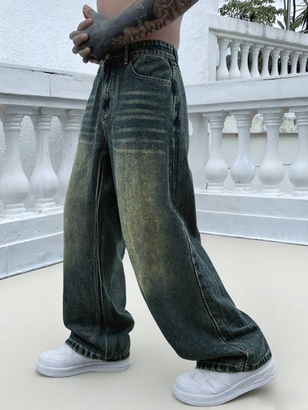 Men's Vintage Washed Denim Jeans, Basic Loose-Fit Wide-Leg Style, American Streetwear Trendy Look, Cotton Fabric, All Seasons