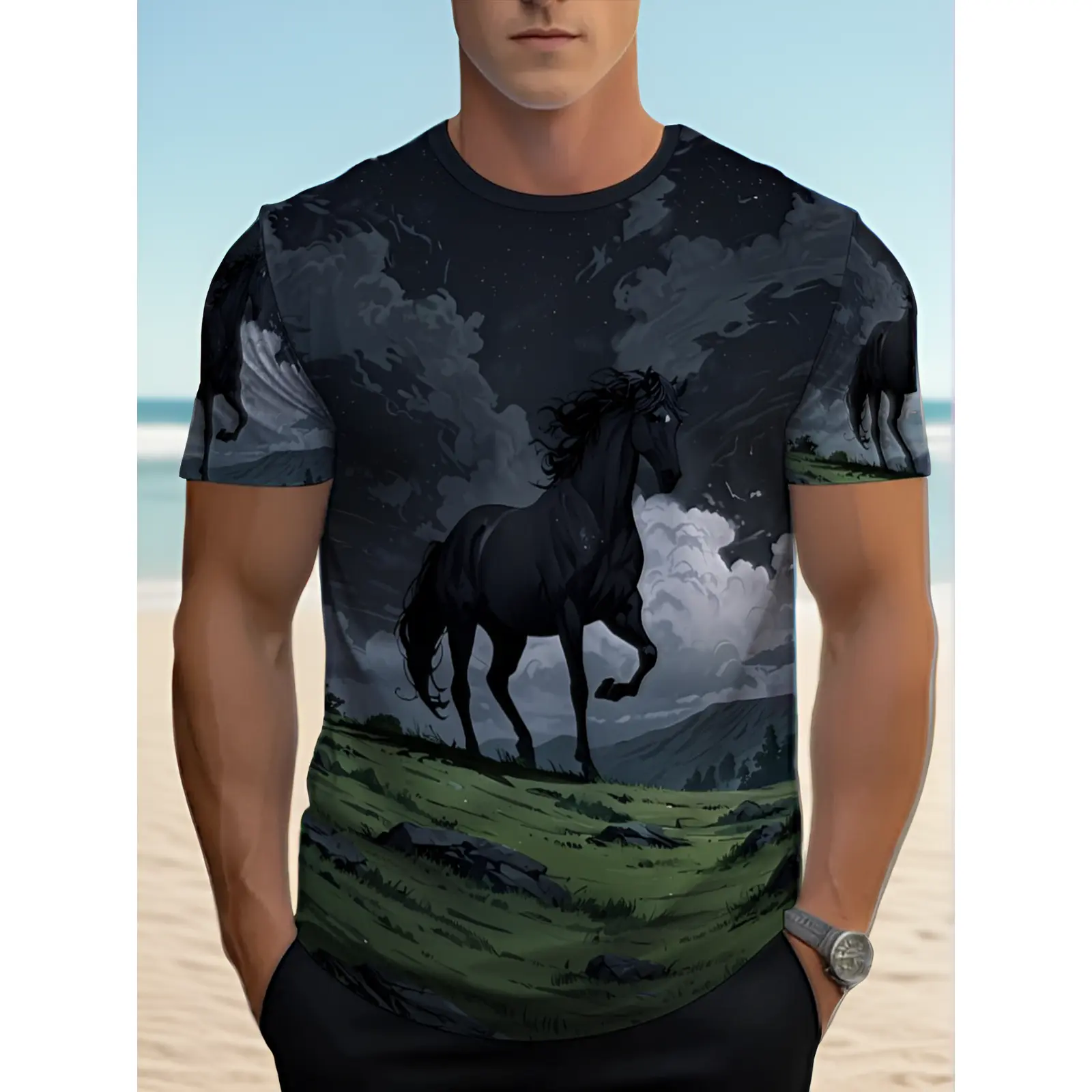 Men' Horse Print Short Sleeve T-Shirt - Full Horse Pattern Round Neck Casual Shirt, Lightweight Suitable for Hiking, Camping & Equestrian Wear, Dark Colors Horse-Themed Apparel for Outdoor Activities, Spring Summer Fall Casual Attire, PLUS SIZE