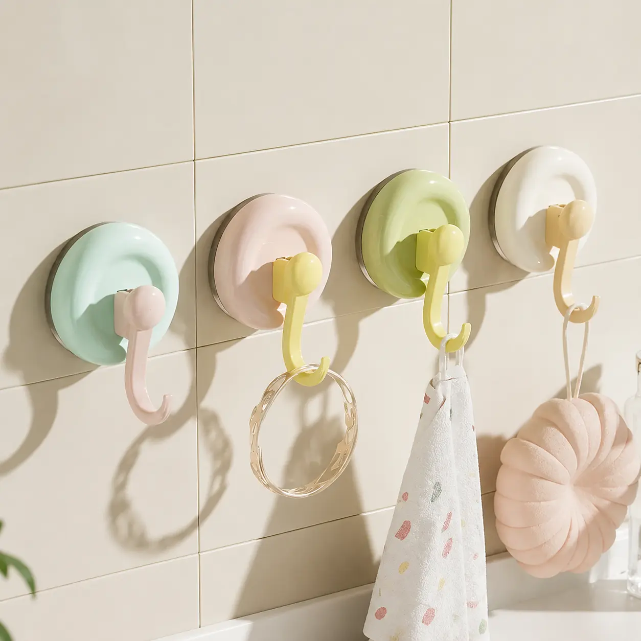 4-Pack Dopamine Adhesive Suction Hooks, No-Trace Wall-Mount Hooks for Clothes, Bathroom Towel Hanging