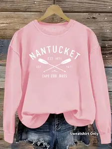 Women's Nantucket Established 1671 Oars Print Crew Neck Fitted Sweatshirt, Casual Long Sleeve Round Neck Pullover for Fall & Winter, Women's Clothes for Daily Wear, Hoodie, Womenswear