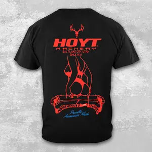 Hoyt Archery Sexy Girl T-Shirt, Proudly American Made Bow Hunting Graphic Tee, Archery Tactical Gear, Vintage Style Compound Bow Archer Apparel, Premium Cotton Short Sleeve Outdoors Shirt for Men