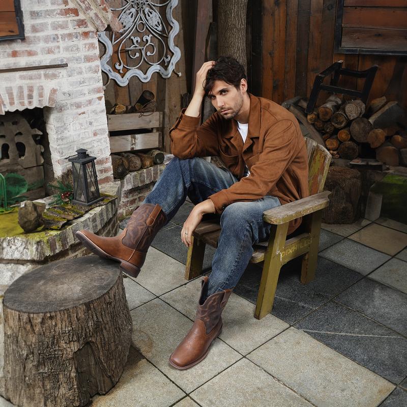 【PlusSize】Cowboy Boots for Men – Classic Western Square Toe Pull-On Boots with Embroidered Design christmas gift Footwear Walking Shoes Comfort  Decor FathersDayGift Closed Weight