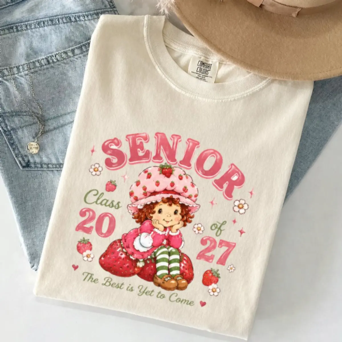 Comfort Colors Senior 2027 Strawberry Shortcake Shirt, Class Of 2027 Graduation Tee, Cute Berry Coquette Senior Shirt, High School Senior Gift, Senior Year Outfit, Unisex Crew Neck Top, Classic Streetwear