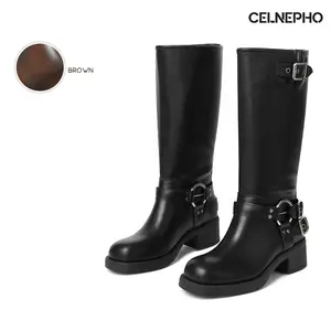 CELNEPHO Combat Boots for Women Round Toe Chunky Block Heel Adjustable Metal Buckle Design Easy Pull on Fashion Motorcycle Booties Vintage Riding Rocky Boot Date Outdoor Event Streetwear Trending Dress Shoes