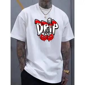 The Fashionable Collision of "DRIP" And Blooddrop Cherry T-Shirt Print - Men'S Round Neck Short Sleeved Shirt, Casual All Season pure cotton, Slightly Elastic, Breathable And Suitable for Adult Multifunctional Design