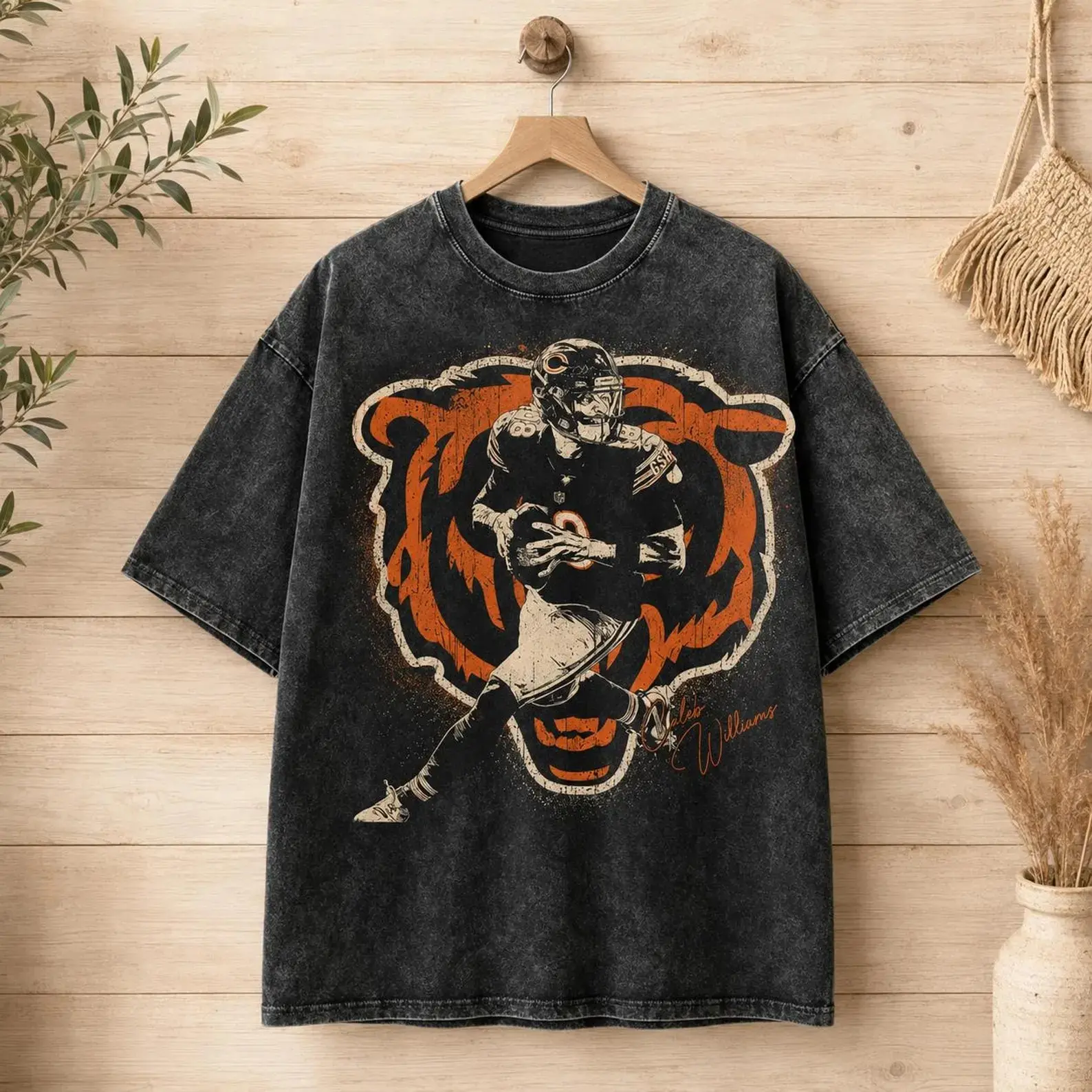 Caleb Williams Vintage Bear Logo Graphic Football T-Shirt, Washed Cotton Fan Gift Tee