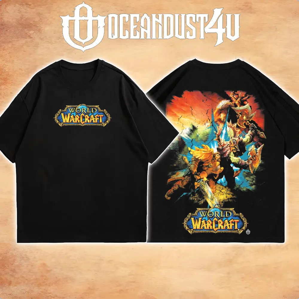 OceanMOB4U World of Warcraft Alliance vs Horde Black T-Shirt, Front and Back Character Graphic Gaming Tee, Fantasy MMORPG Video Game Shirt, Unisex Gamer Gift
